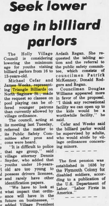 Triangle Billiards - Dec 1 1983 Article On Age Dispute For Billards